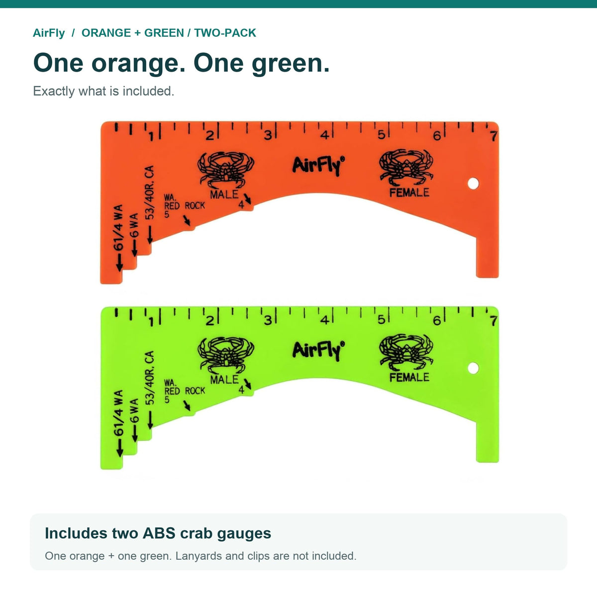 AirFly 2 Pack Crab Gauge, 1 Orange + 1 Green, 5 Openings, Dungeness, Rock & Blue Crab - 4, 5, 5¾, 6 & 6¼ in Sizes, Molde