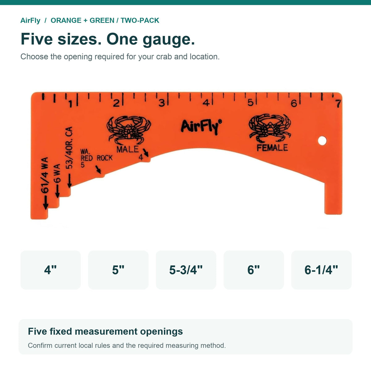 AirFly 2 Pack Crab Gauge, 1 Orange + 1 Green, 5 Openings, Dungeness, Rock & Blue Crab - 4, 5, 5¾, 6 & 6¼ in Sizes, Molde