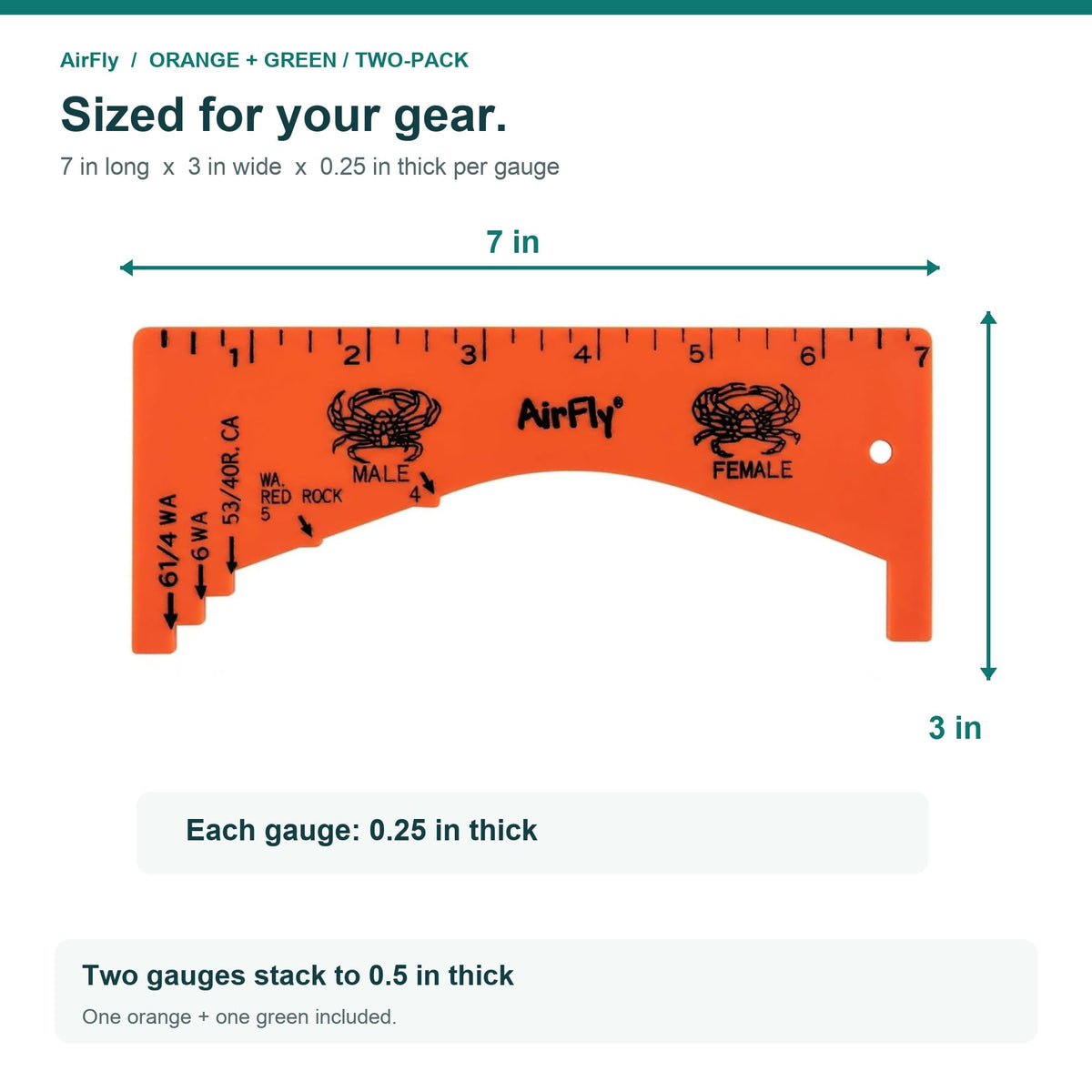 AirFly 2 Pack Crab Gauge, 1 Orange + 1 Green, 5 Openings, Dungeness, Rock & Blue Crab - 4, 5, 5¾, 6 & 6¼ in Sizes, Molde