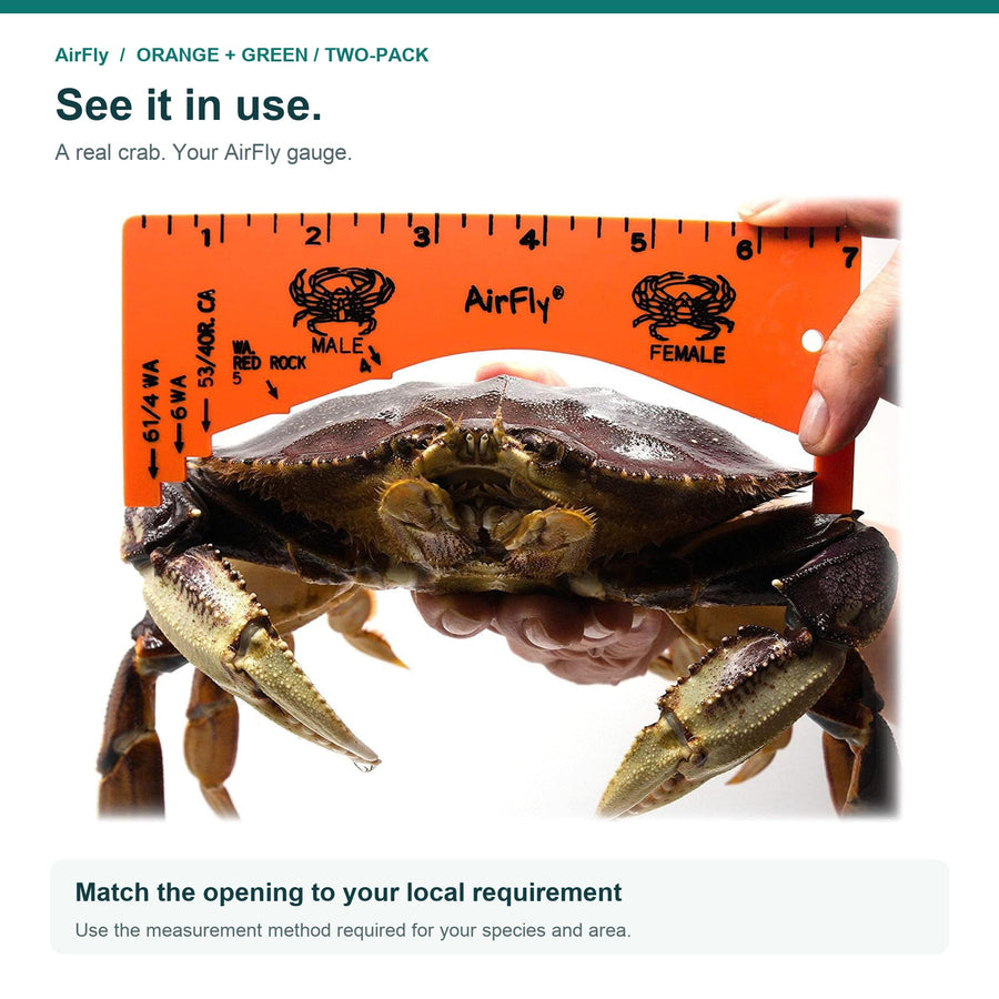 AirFly 2 Pack Crab Gauge, 1 Orange + 1 Green, 5 Openings, Dungeness, Rock & Blue Crab - 4, 5, 5¾, 6 & 6¼ in Sizes, Molde