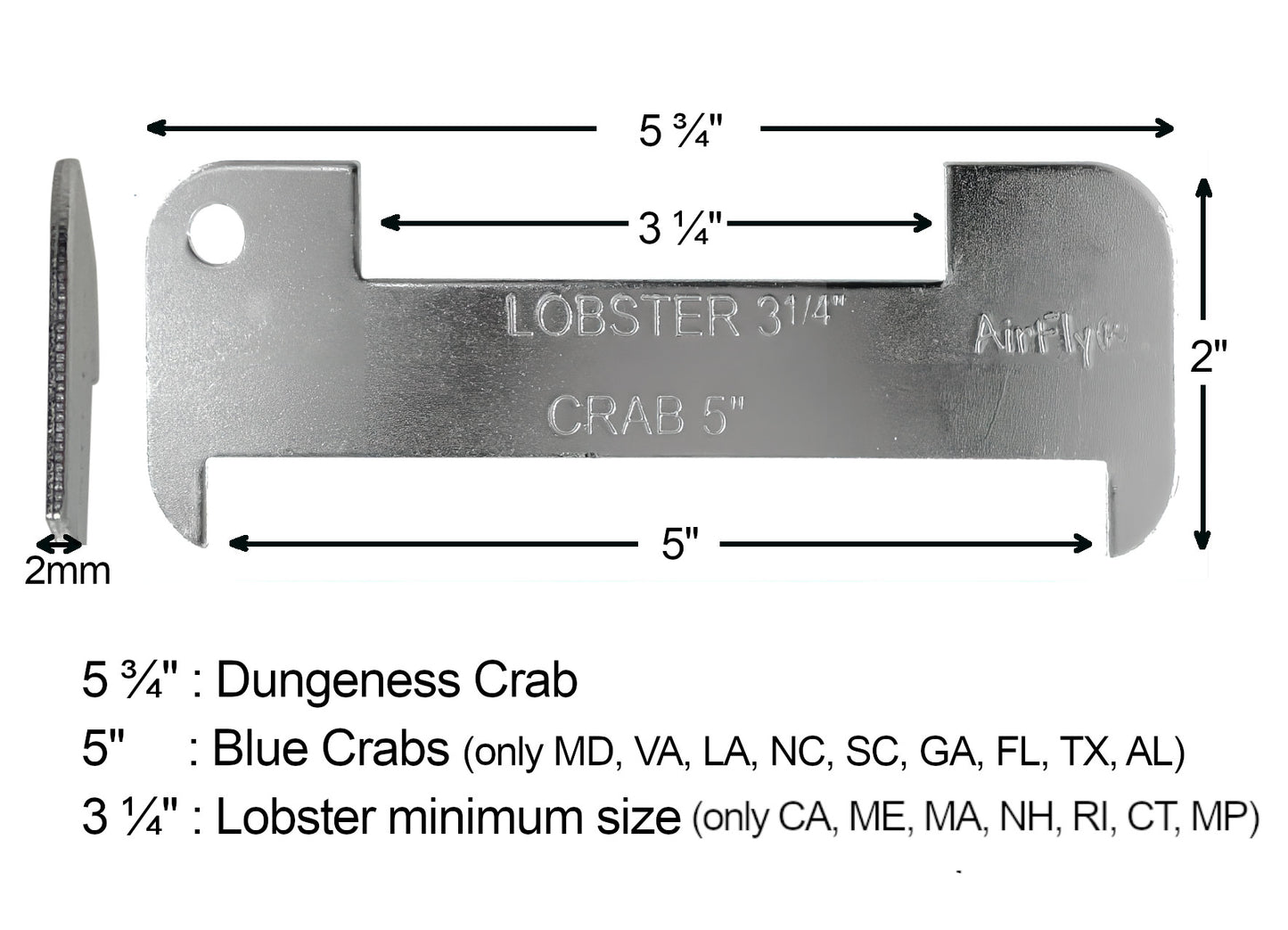 AirFly Aluminum Lobster and Blue Crab Gauge for California, Maine, MA, NH, RI, CT, MP, AL, FL, GA, MD, VA, NC, SC, LA, TX, Canada, 5", 3 1/4"