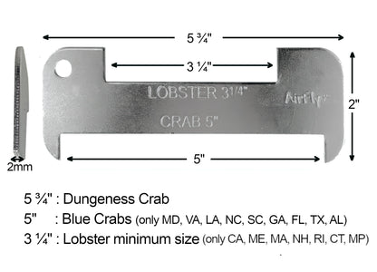 AirFly Aluminum Lobster and Blue Crab Gauge for California, Maine, MA, NH, RI, CT, MP, AL, FL, GA, MD, VA, NC, SC, LA, TX, Canada, 5", 3 1/4"