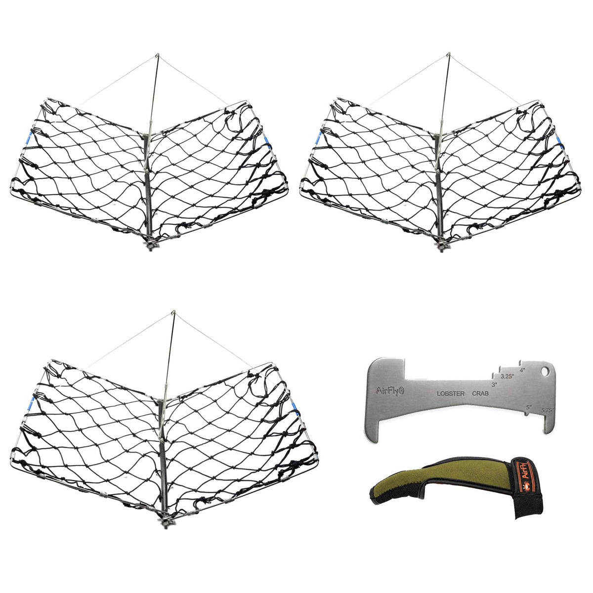 AirFly Castable Folding Crab Trap for Fishing Rod, Dungeness and Blue Crab - 3 Folding Traps with Bait Clips + Crab Gaug