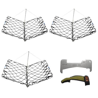 AirFly Castable Folding Crab Trap for Fishing Rod, Dungeness and Blue Crab - 3 Folding Traps with Bait Clips + Crab Gaug