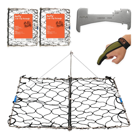 AirFly Castable Folding Crab Trap for Fishing Rod, Dungeness and Blue Crab - 3 Collapsible Traps + Crab Gauge & Casting 