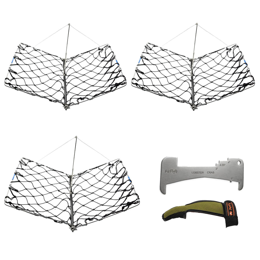 AirFly Castable Folding Crab Trap for Fishing Rod, Dungeness and Blue Crab - 3 Folding Traps with Bait Clips + Crab Gaug