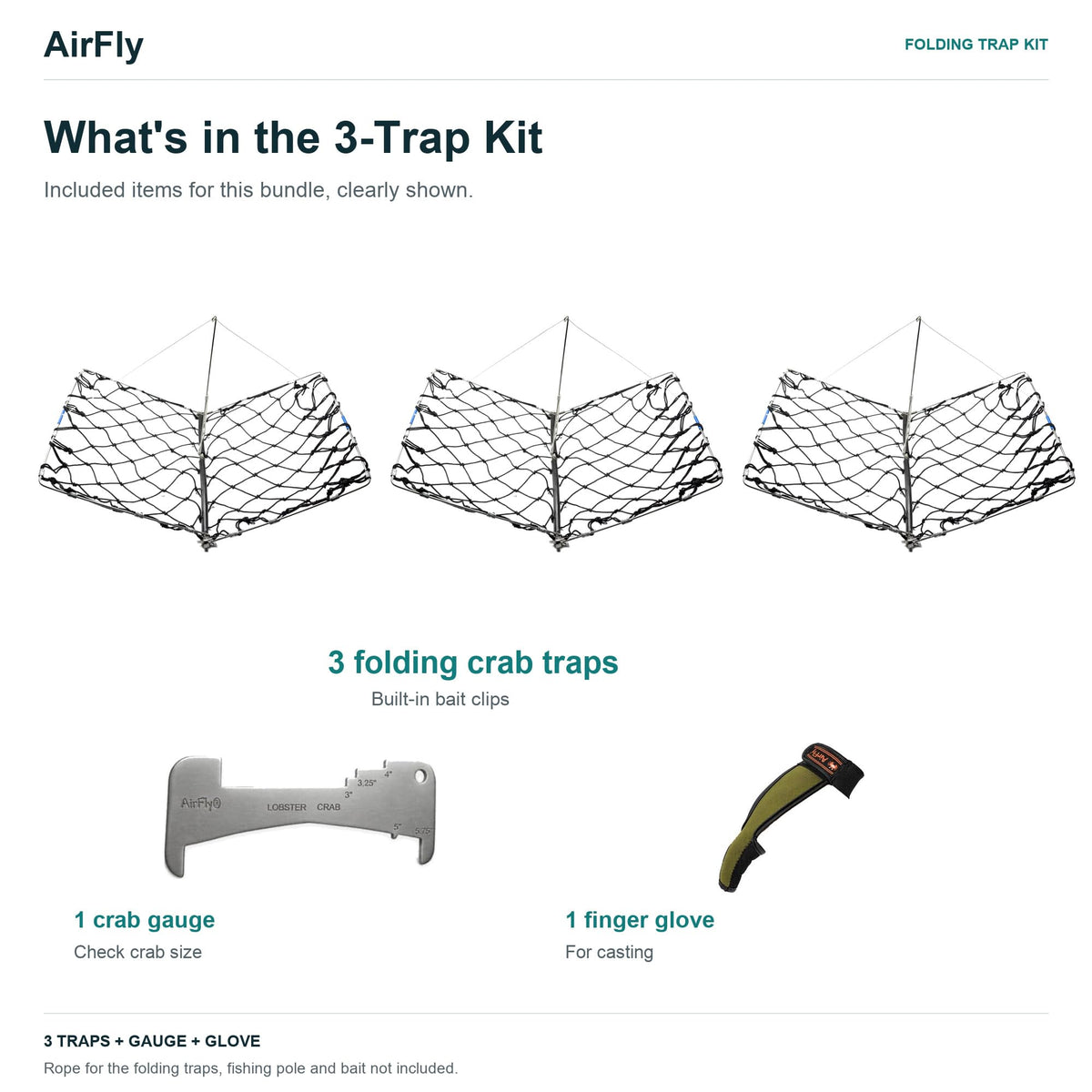 AirFly Castable Folding Crab Trap for Fishing Rod, Dungeness and Blue Crab - 3 Folding Traps with Bait Clips + Crab Gaug
