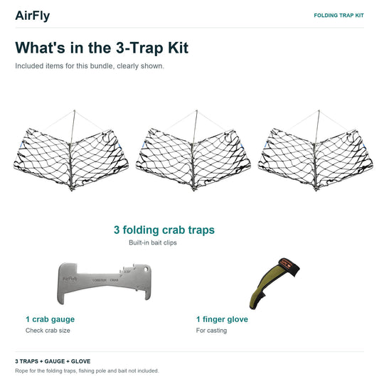 AirFly Castable Folding Crab Trap for Fishing Rod, Dungeness and Blue Crab - 3 Folding Traps with Bait Clips + Crab Gaug