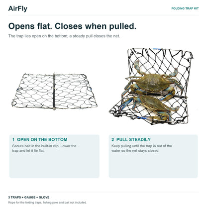 AirFly Castable Folding Crab Trap for Fishing Rod, Dungeness and Blue Crab - 3 Folding Traps with Bait Clips + Crab Gaug