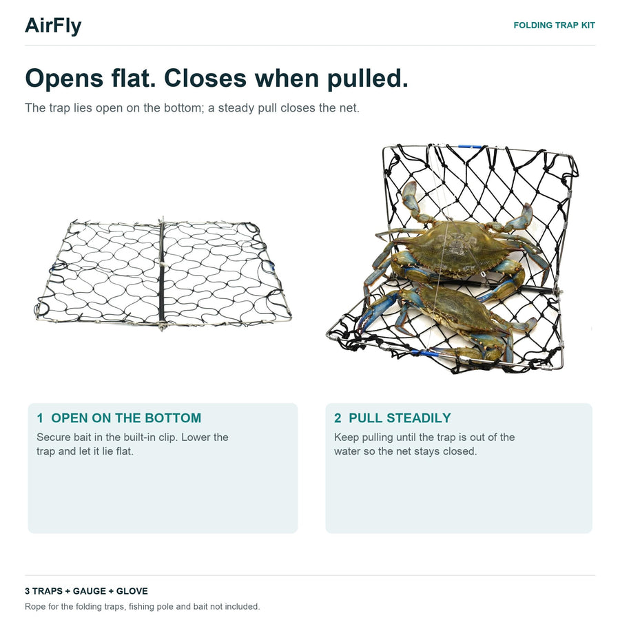 AirFly Castable Folding Crab Trap for Fishing Rod, Dungeness and Blue Crab - 3 Folding Traps with Bait Clips + Crab Gaug