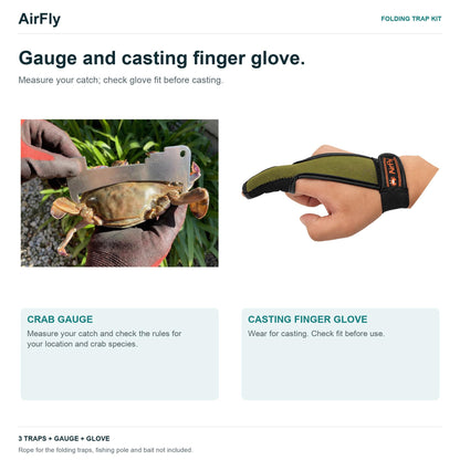 AirFly Castable Folding Crab Trap for Fishing Rod, Dungeness and Blue Crab - 3 Folding Traps with Bait Clips + Crab Gaug