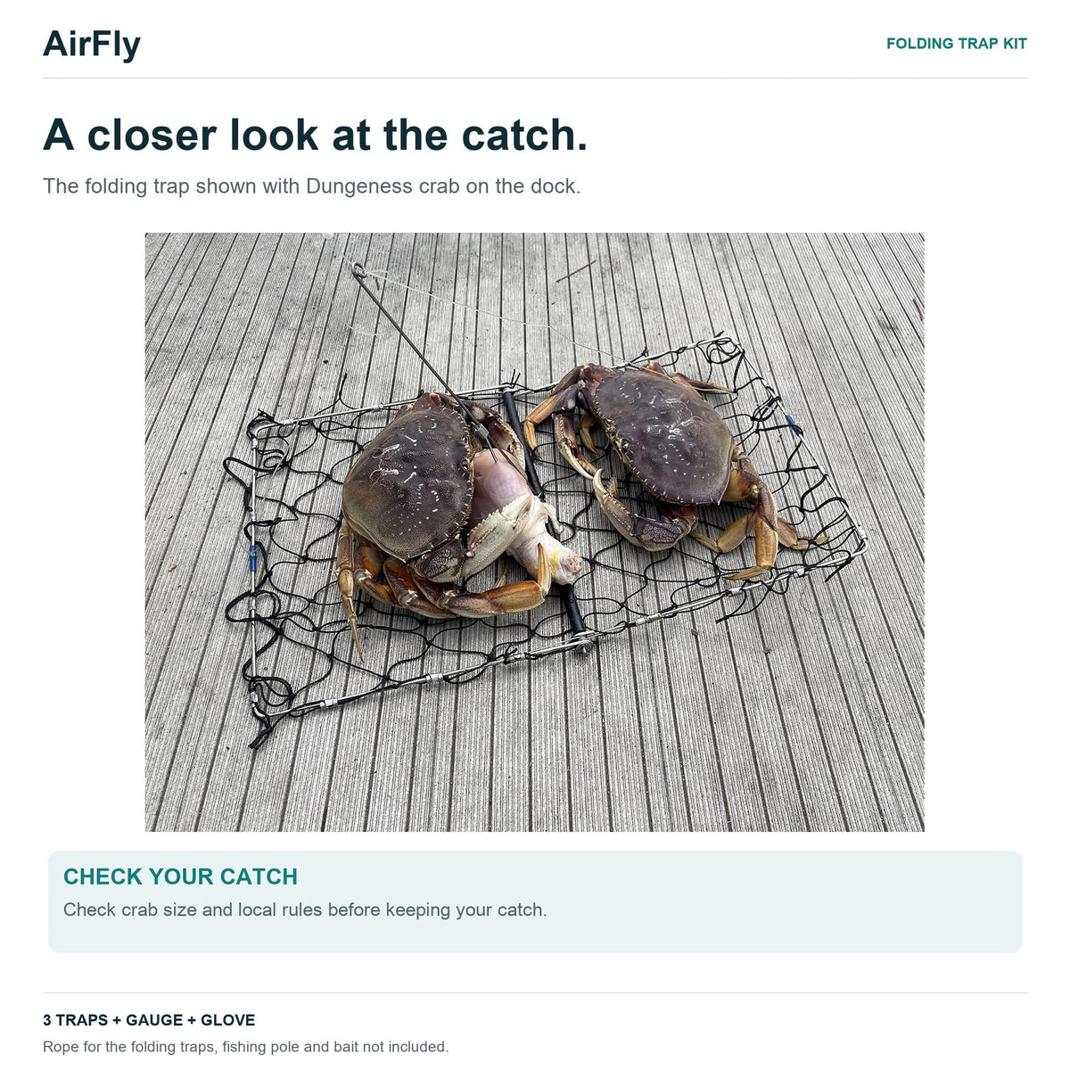 AirFly Castable Folding Crab Trap for Fishing Rod, Dungeness and Blue Crab - 3 Folding Traps with Bait Clips + Crab Gaug