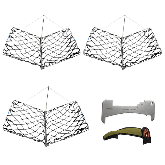 AirFly Castable Folding Crab Trap for Fishing Rod, Dungeness and Blue Crab - 3 Collapsible Traps + Crab Gauge & Casting 