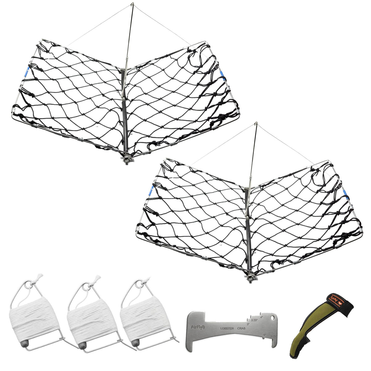 AirFly Castable Folding Crab Trap for Fishing Rod, Dungeness and Blue Crab - 2 Folding Traps, 3 Crab Throw Lines, Crab G