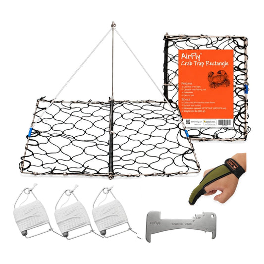 AirFly Castable Folding Crab Trap for Fishing Rod, Dungeness and Blue Crab - 2 Collapsible Traps, 3 Throw Lines, Crab Ga
