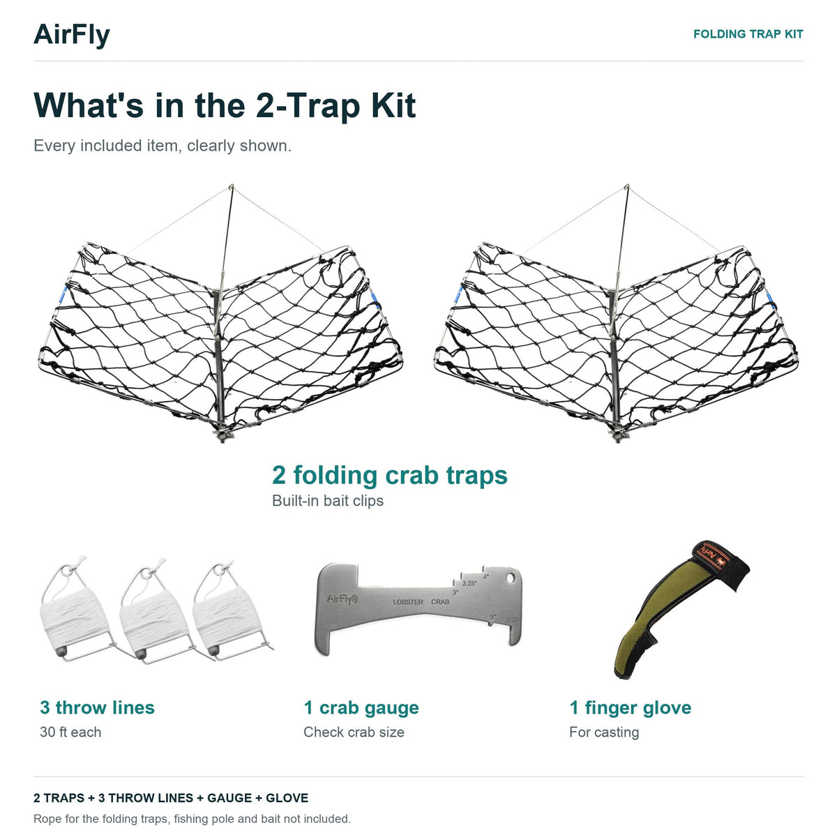 AirFly Castable Folding Crab Trap for Fishing Rod, Dungeness and Blue Crab - 2 Folding Traps, 3 Crab Throw Lines, Crab G
