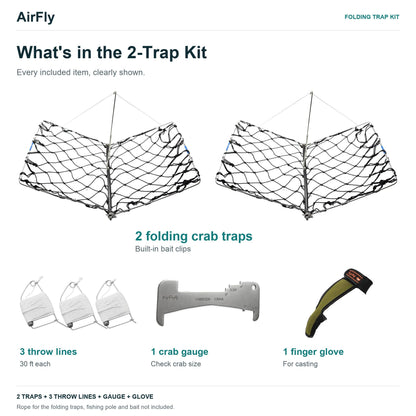 AirFly Castable Folding Crab Trap for Fishing Rod, Dungeness and Blue Crab - 2 Folding Traps, 3 Crab Throw Lines, Crab G