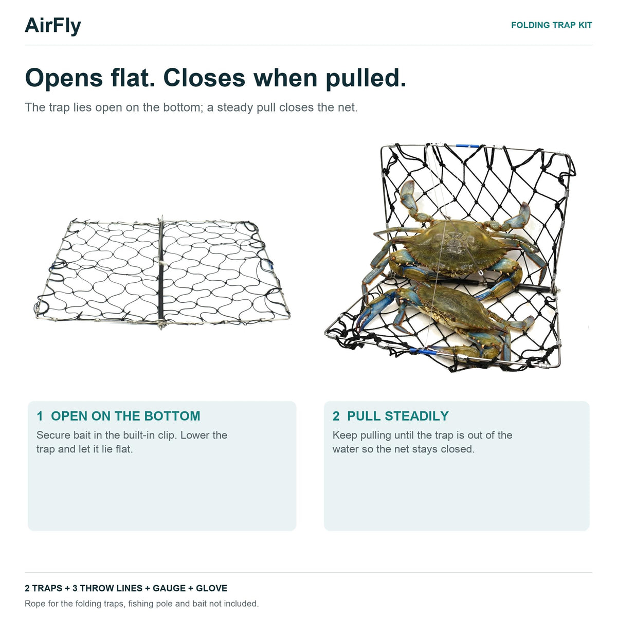 AirFly Castable Folding Crab Trap for Fishing Rod, Dungeness and Blue Crab - 2 Folding Traps, 3 Crab Throw Lines, Crab G