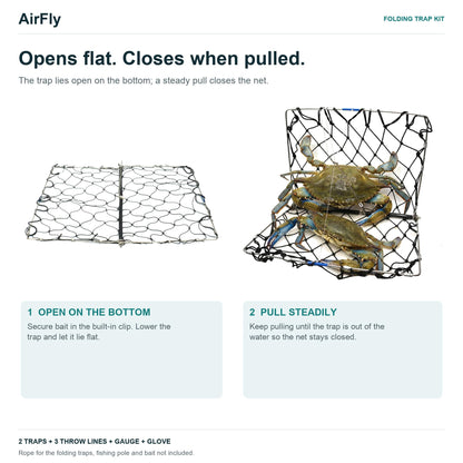 AirFly Castable Folding Crab Trap for Fishing Rod, Dungeness and Blue Crab - 2 Folding Traps, 3 Crab Throw Lines, Crab G