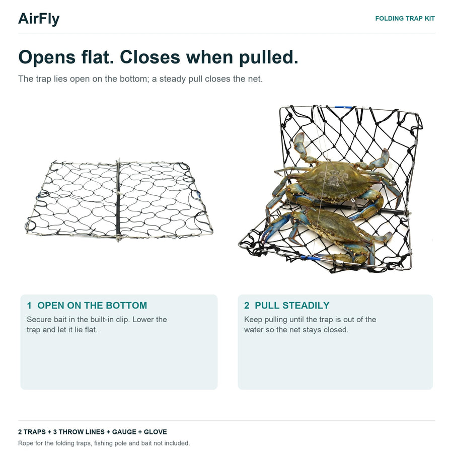 AirFly Castable Folding Crab Trap for Fishing Rod, Dungeness and Blue Crab - 2 Folding Traps, 3 Crab Throw Lines, Crab G