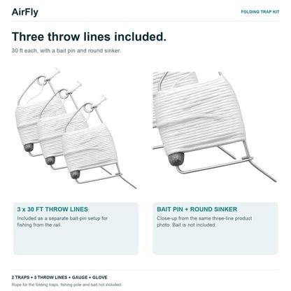 AirFly Castable Folding Crab Trap for Fishing Rod, Dungeness and Blue Crab - 2 Folding Traps, 3 Crab Throw Lines, Crab G