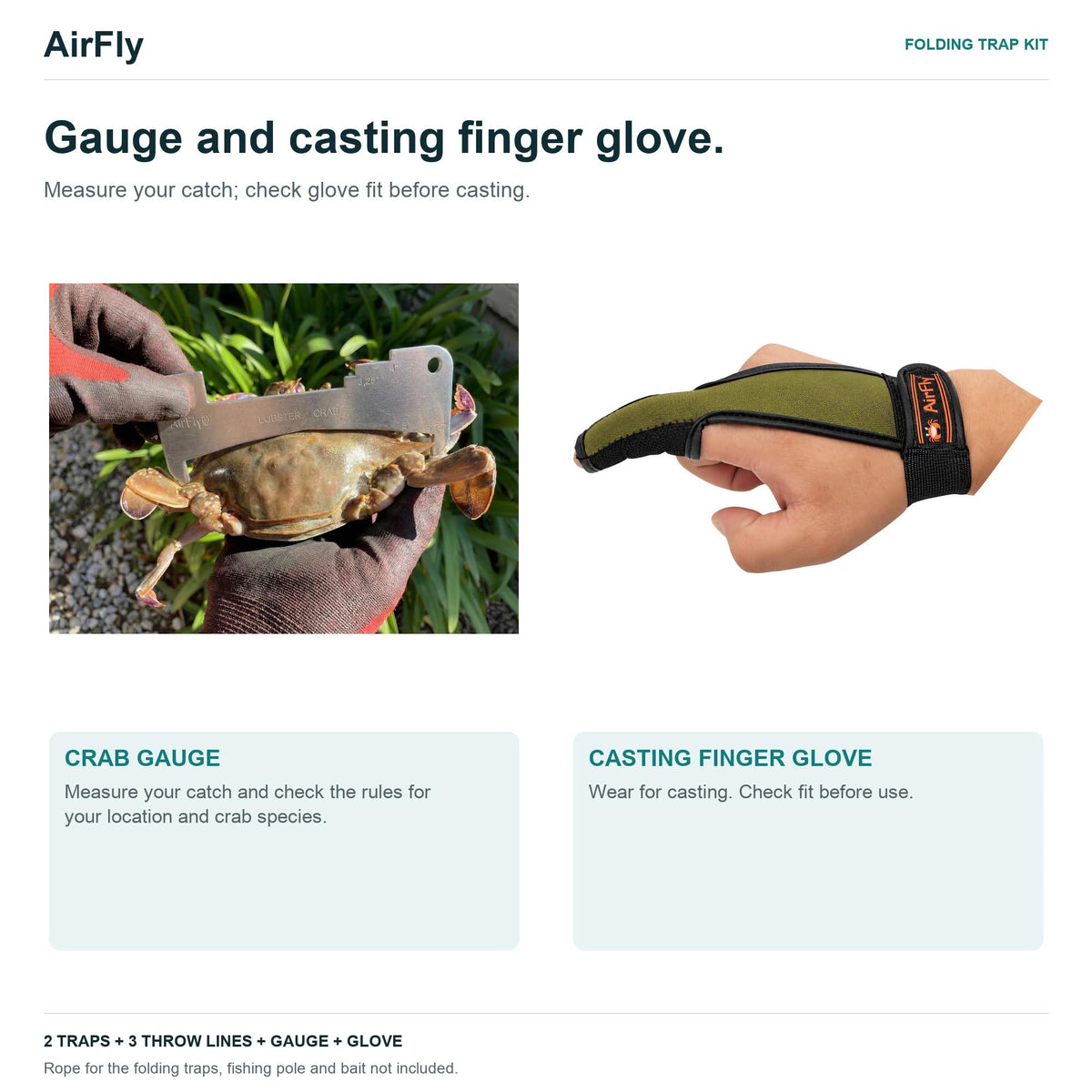 AirFly Castable Folding Crab Trap for Fishing Rod, Dungeness and Blue Crab - 2 Folding Traps, 3 Crab Throw Lines, Crab G
