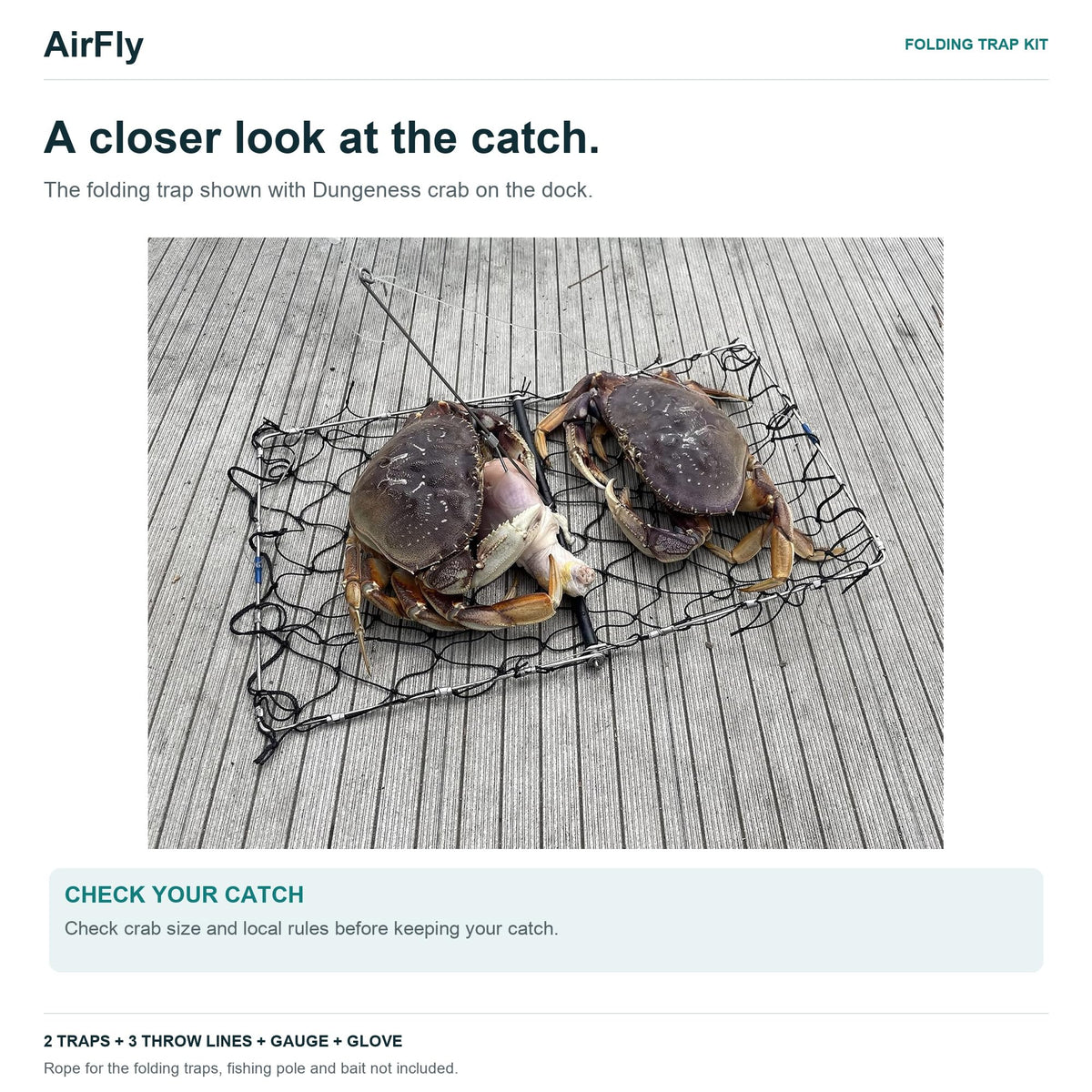 AirFly Castable Folding Crab Trap for Fishing Rod, Dungeness and Blue Crab - 2 Folding Traps, 3 Crab Throw Lines, Crab G