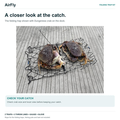 AirFly Castable Folding Crab Trap for Fishing Rod, Dungeness and Blue Crab - 2 Folding Traps, 3 Crab Throw Lines, Crab G