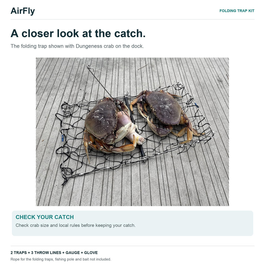 AirFly Castable Folding Crab Trap for Fishing Rod, Dungeness and Blue Crab - 2 Folding Traps, 3 Crab Throw Lines, Crab G