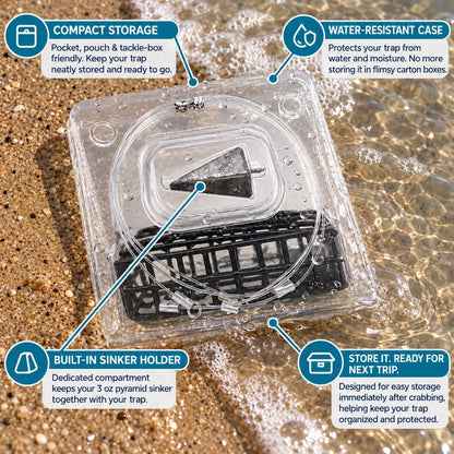 AirFly Pro Crab Snare for Fishing Pole, 6-Loop Castable Dungeness Crab Trap - Clear Stiff Loops, Waterproof Case, Option