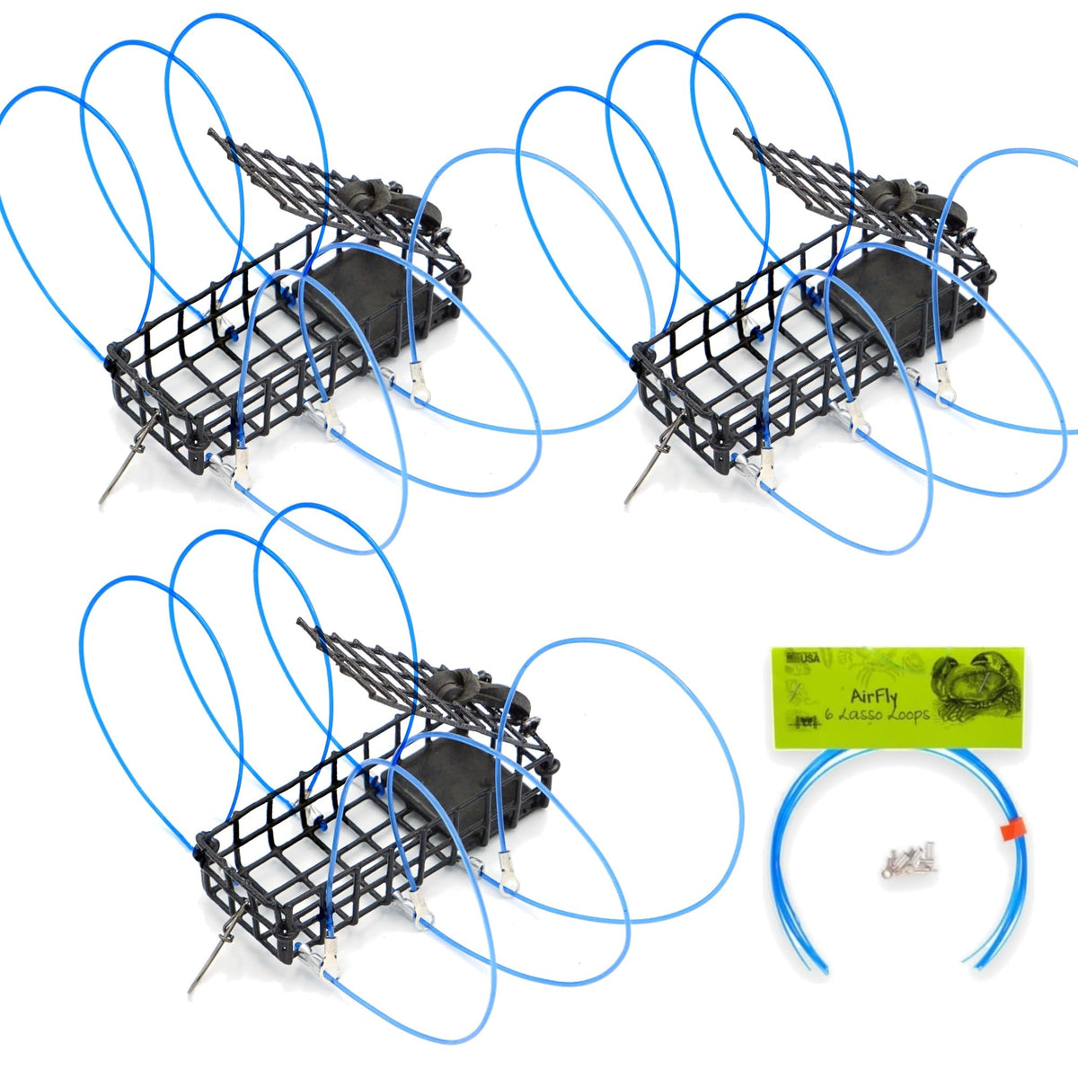 AirFly Heavy Surf Crab Snare 3-Pack - 6-Loop Weighted Castable Crab Traps with Spare Loops, Dungeness & Blue Crab