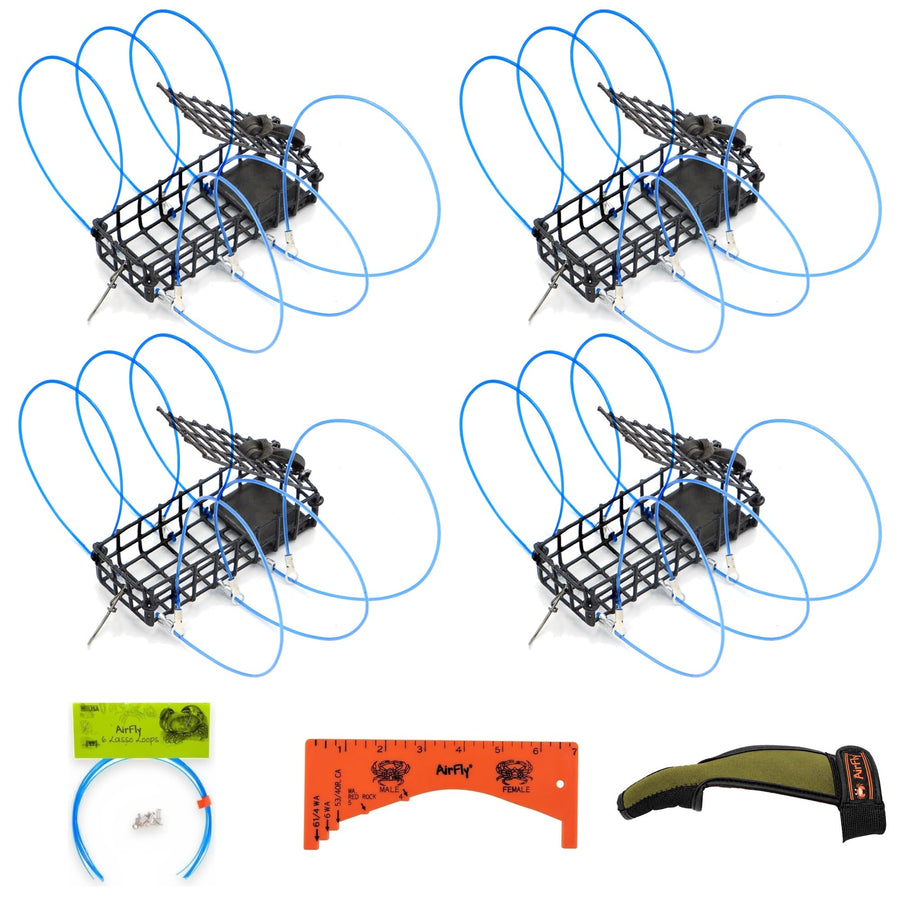 AirFly Crab Snare Kit for Fishing Rod - 2, 3 or 4 Castable 6-Loop Crab Traps with Gauge, Casting Glove & Spare Loops
