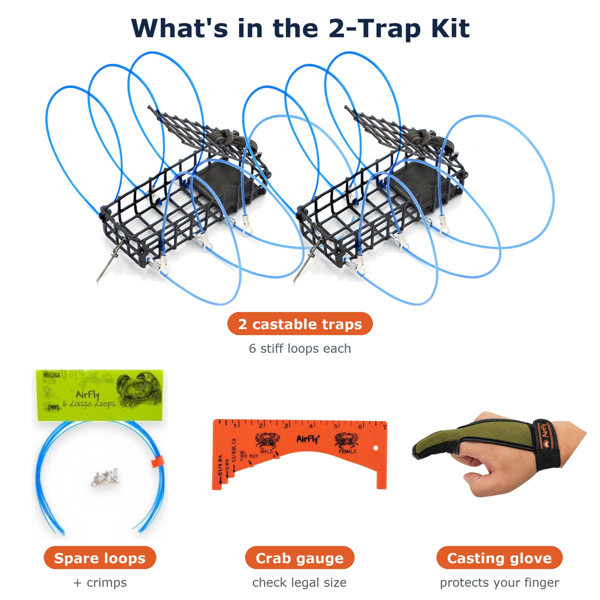 AirFly Crab Snare Kit for Fishing Rod - 2, 3 or 4 Castable 6-Loop Crab Traps with Gauge, Casting Glove & Spare Loops