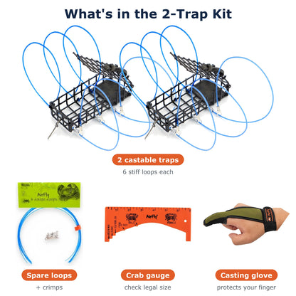 AirFly Crab Snare Kit for Fishing Rod - 2, 3 or 4 Castable 6-Loop Crab Traps with Gauge, Casting Glove & Spare Loops