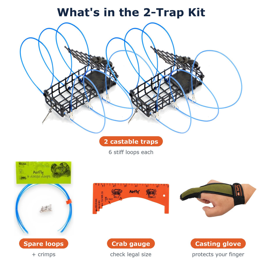 AirFly Crab Snare Kit for Fishing Rod - 2, 3 or 4 Castable 6-Loop Crab Traps with Gauge, Casting Glove & Spare Loops