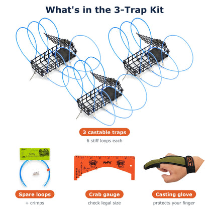 AirFly Crab Snare Kit for Fishing Rod - 2, 3 or 4 Castable 6-Loop Crab Traps with Gauge, Casting Glove & Spare Loops