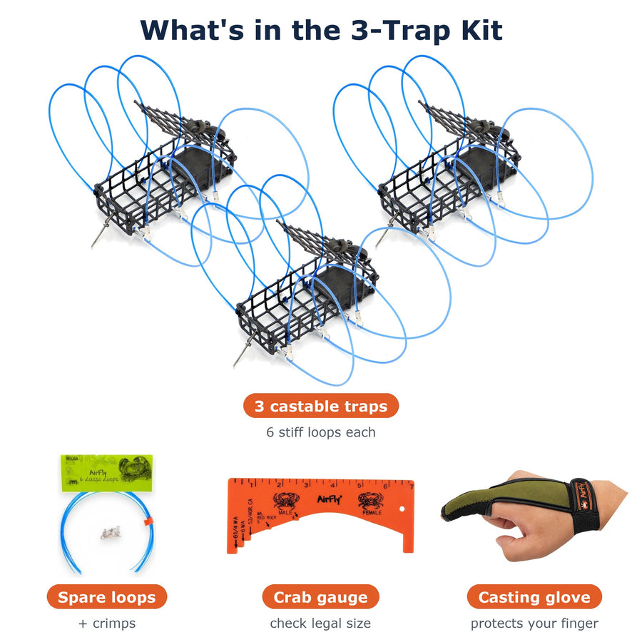 AirFly Crab Snare Kit for Fishing Rod - 2, 3 or 4 Castable 6-Loop Crab Traps with Gauge, Casting Glove & Spare Loops