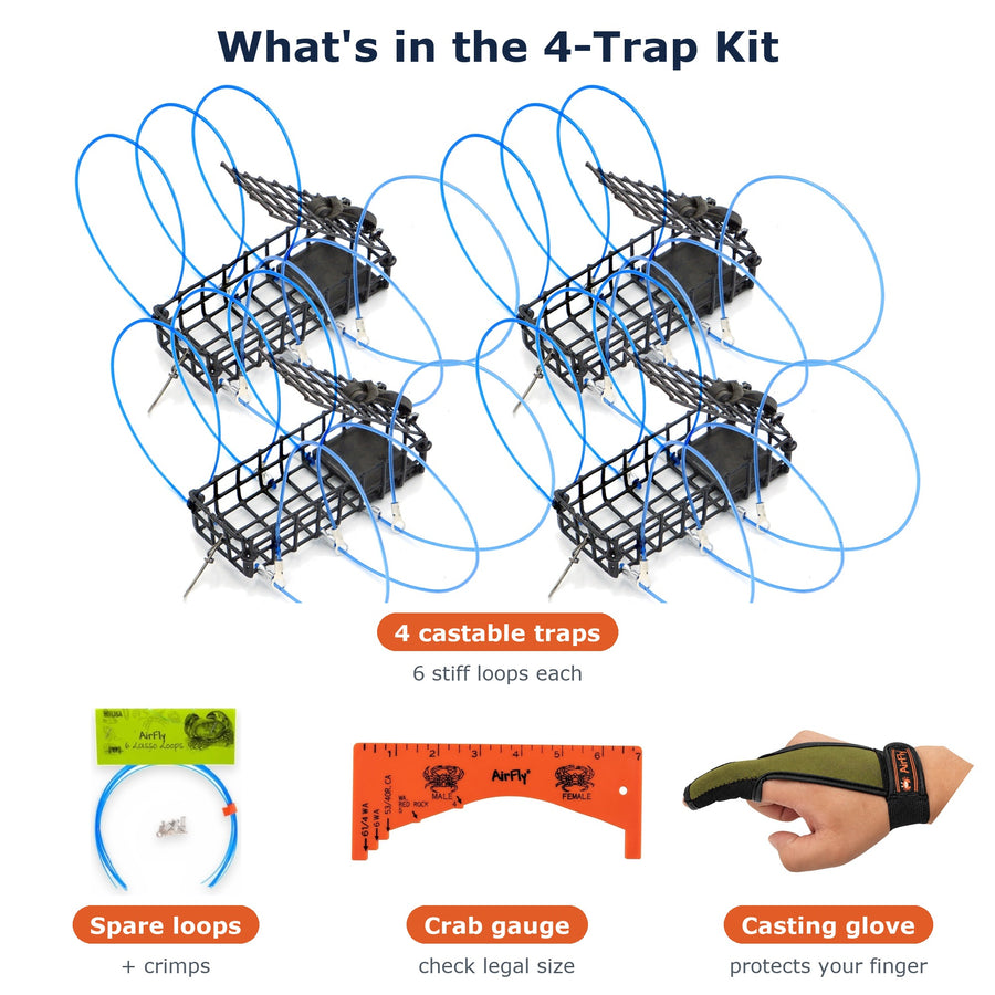 AirFly Crab Snare Kit for Fishing Rod - 2, 3 or 4 Castable 6-Loop Crab Traps with Gauge, Casting Glove & Spare Loops